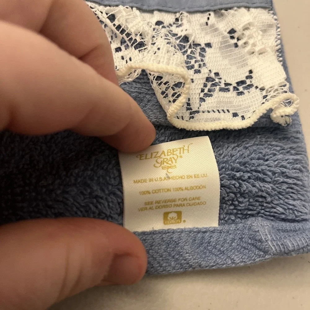 Vintage Hand Towel Elizabeth Gray JC‎ Penney Denim Blue Ivory Lace Satin Bow